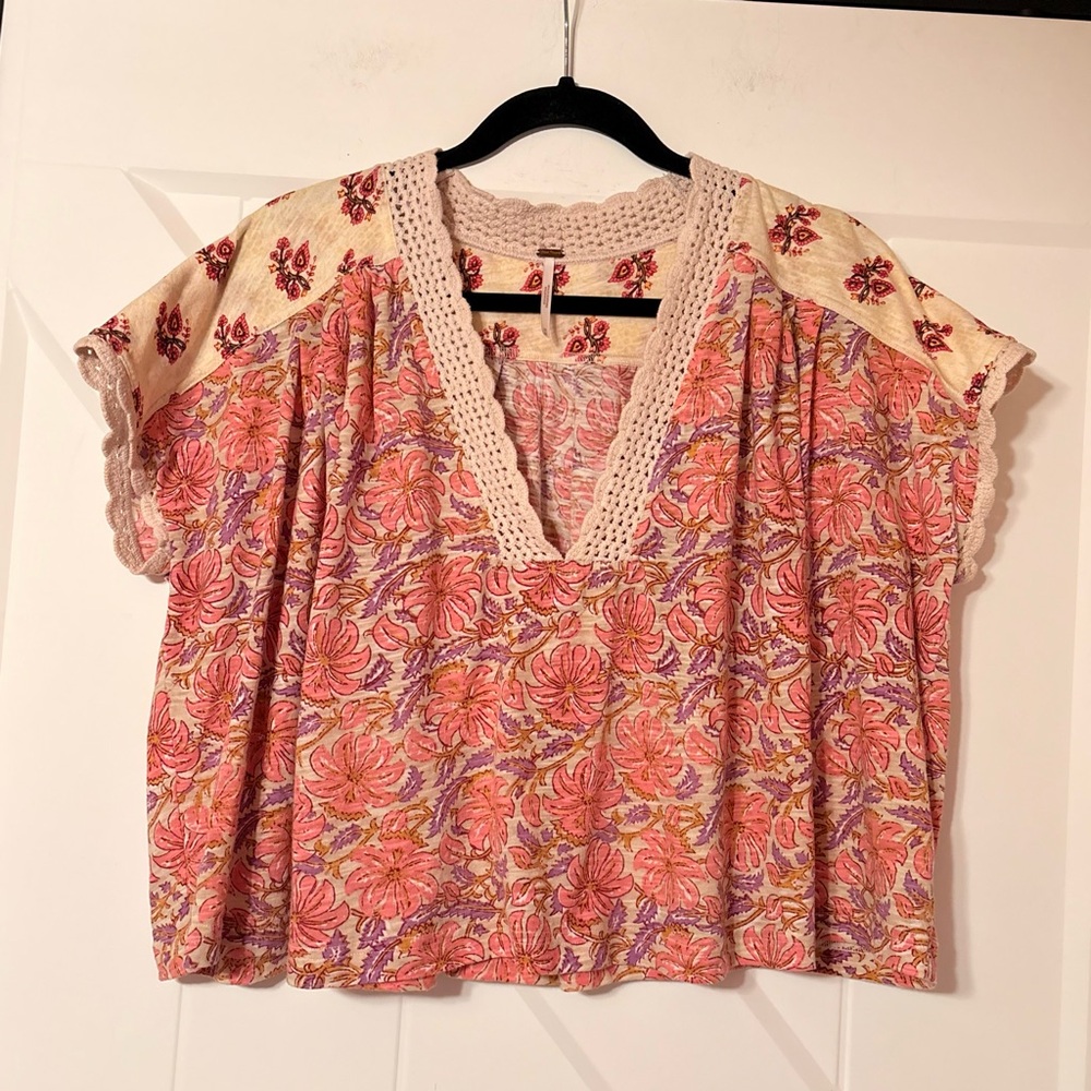 Free People Leilani Crochet Crop Top Floral Boho Peasant Blouse Oversized M